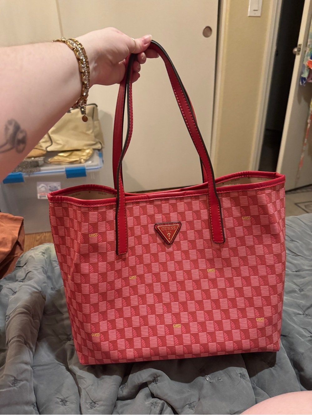 GUESS Pink-Red Checkerboard Tote with matching zipper pouch